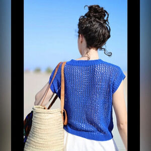 Chico Mesh Short Sleeve Top Blue SZ 1 Crop Travel Beach